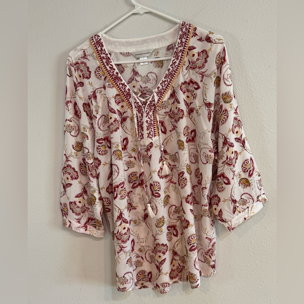 Christopher & Banks Burgandy and Cream Floral Boho Peasant Blouse large